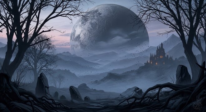 Mystical fantasy landscape with a giant moon over a misty valley.