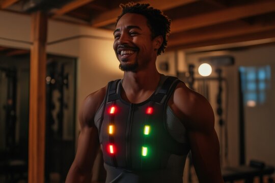 African American man in fitness vest with glowing lights smiling confidently inside modern gym with warm lighting
