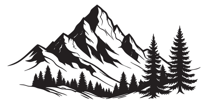 Majestic mountain range with evergreen trees, perfect for outdoor adventure branding and wilderness exploration designs in black and white