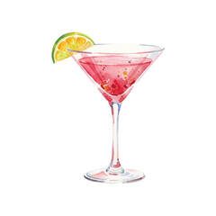 Watercolor Vector of Cosmopolitan Cocktail with Lime Garnish on White Background