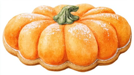 Obraz premium A pumpkin-shaped cookie clipart, halloween dessert element, watercolor illustration, pastel, isolated on white background. 
