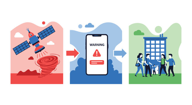 Satellite detecting tornado warning alerts people to evacuate building.