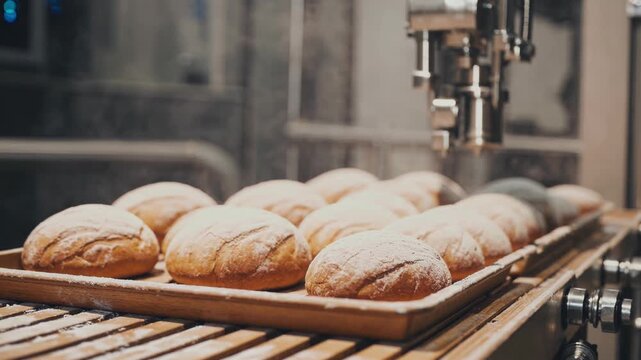 Freshly baked bread buns travel on an automated conveyor in a modern industrial bakery, receiving a final dusting of flour as part of mass production and quality controlled processing