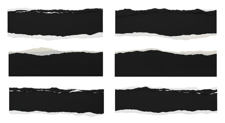Fototapeta premium Collection of six torn black paper strips with rough edges, isolated on a white background
