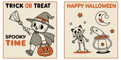 Delightful Halloween illustrations featuring a charming witch cat and spooky skeleton cat for festive greeting cards and party invitations