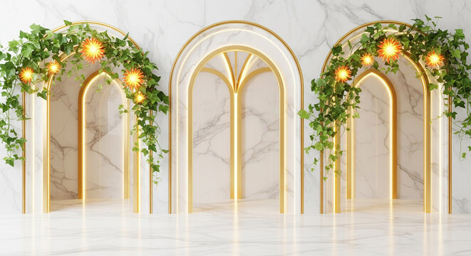 Opulent 3D Wallpaper with Golden Ivy and White Marble Corridor. 3D relief wallpaper with Majestic 3D Wall Mural. floral landscapes. 3D Wall Mural Design, 3d floral art, floral wallpaper