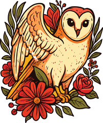 Naklejka premium Floral owl vector, heart-faced barn owl illustration, red daisies and roses, vibrant nature design, decorative animal artwork, colorful seasonal graphic