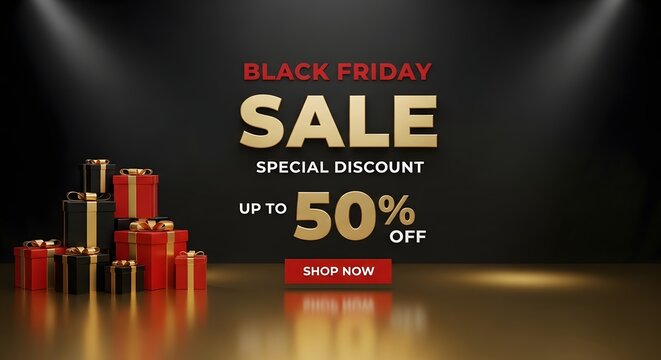 Black friday sale special discount up to 50 off with gift boxes and spotlight on dark background