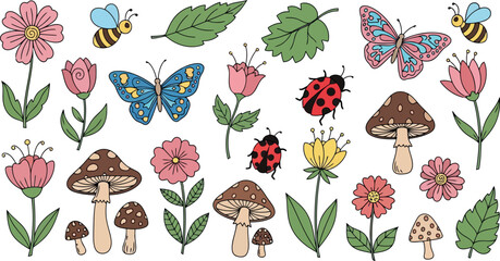 Vector art of collection of handdrawn whimsical elements including flowers, mushrooms, butterflies, ladybugs, and bees