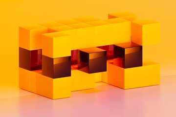Abstract Yellow and Black Cubes in Pixel Voxel Structure 3D computer generated image