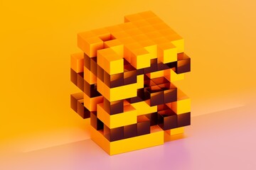 Abstract Yellow and Black Cubes in Pixel Voxel Structure 3D computer generated image