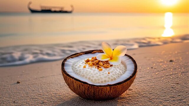 Traditional Maldivian Saagu Bondibai, a sago pudding dessert, is served in a fresh coconut shell on the sand at sunset