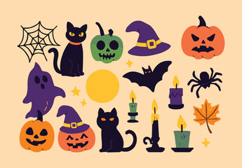 Halloween, spooky, ghost, bat, spider, moon, cat, pumpkin, candles, witch, stars, autumn, leaf, web, apple