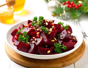 Beet salad on a white plate, garnished with pine nuts and parsley. Christmas decorations in the background