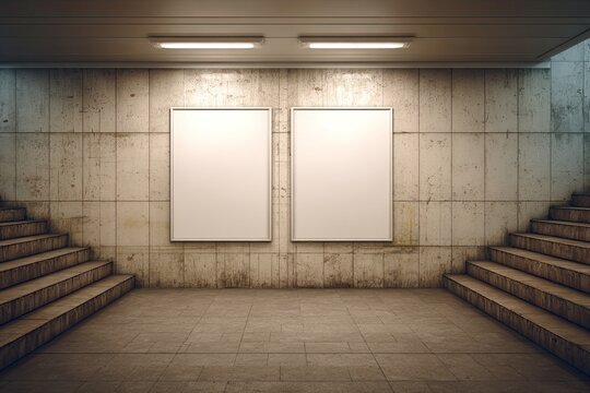 Two blank advertising posters on a weathered subway wall, flanked by stairs - Powered by Adobe