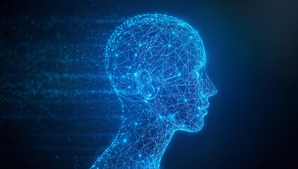 Artificial Intelligence Humanoid Head – Abstract Wireframe Human Face Made of Digital Particles and Neural Network Concept