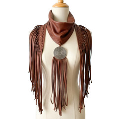 Brown leather scarf with fringe and silver concho isolated on transparent background