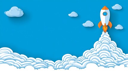 Cartoon Rocket Launching in Blue Sky with Fluffy Clouds for Children's Science and Educational Content