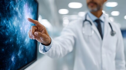 A medical professional interacts with a large digital display showing celestial patterns in a futuristic research setting