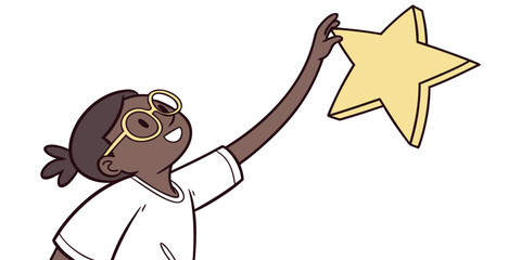 Inspiring young girl reaching for a bright star, chasing dreams with optimism and determination in a modern, clean style