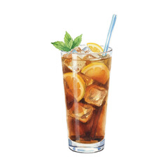 Watercolor Vector of Long Island Iced Tea Cocktail with Mint Garnish on White Background