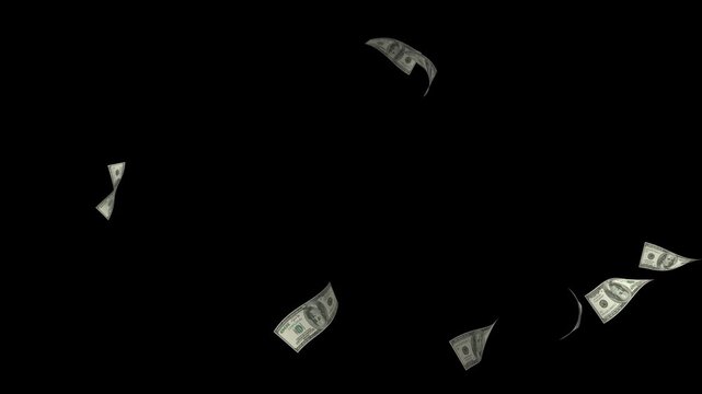 Explosion dollar bills scattering in the air on a transparent background