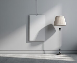 Empty room with a blank poster and lamp