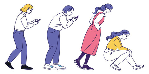 Diverse young adults absorbed in their smartphones, illustrating modern communication and technology dependence, originally a scalable graphic