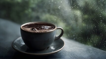 A steaming cup of dark coffee rests on a ill with raindrops streaking the glass and a blurred green landscape outside