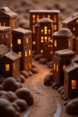Chocolate houses with glowing windows in artistic style, brown tones, sweetest day celebration concept, 