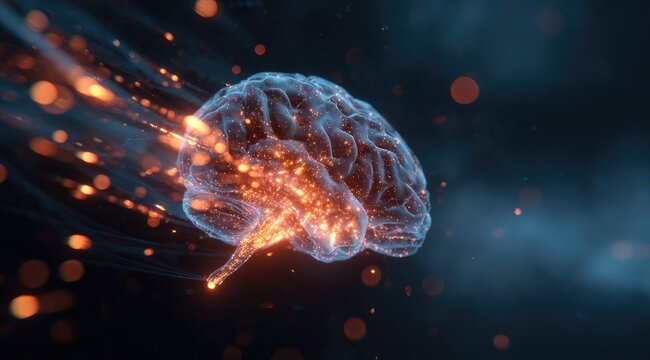 Abstract brain, glowing orange/gold energy trails