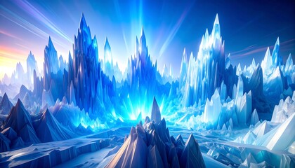 Vast, icy peaks bathed in vibrant light