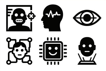 Fototapeta premium Futuristic Scan Icons. Tech Sentiment Scan silhouette set : robot face with scan, digital head with waveform, eye with scanning line, face inside