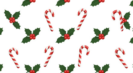 Festive Christmas seamless pattern featuring candy canes and holly leaves background