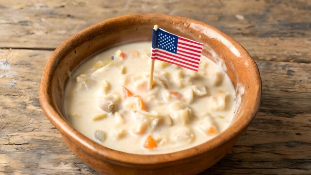 Steaming clam chowder soup in rustic wooden bowl with American flag toothpick, creamy seafood comfort food with visible steam and cinematic movement, traditional hot meal on wooden table close up