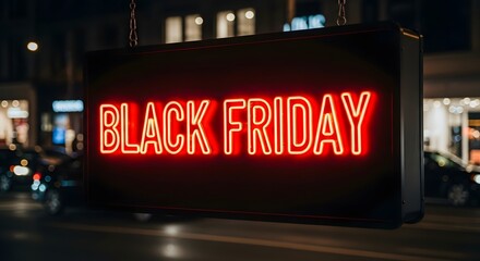 Bright red neon sign that says black friday glowing in the dark, advertising a major shopping event