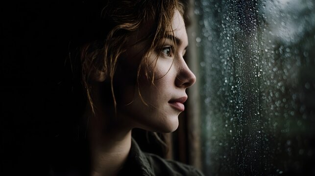A thoughtful woman gazes out a rain streaked window illuminated by moody natural light