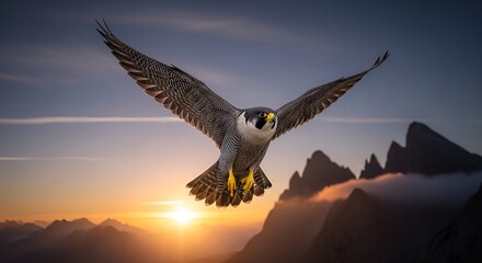 Peregrine falcon flying bird of prey wings spread sunset sky wildlife nature animal freedom majestic