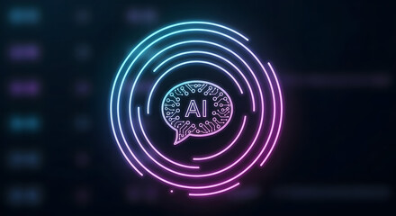 Advanced AI communication technology concept featuring a vibrant neon chat bubble icon with a circuit brain pattern on a digital interface