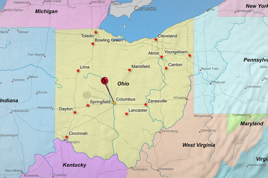 Colorful location map with red stick pin at Columbus, Ohio, United States of America, USA and the surrounding area