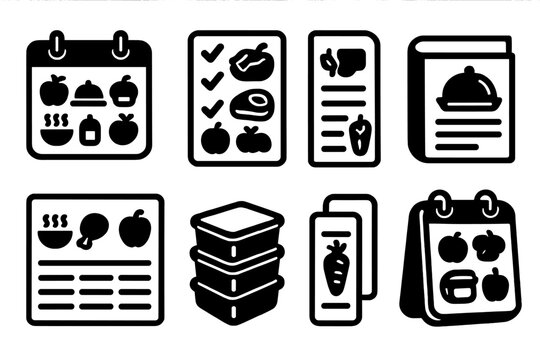 Meal Planning Icons. Basic Meal Planning silhouette set : calendar with meal icons, meal planner with checkboxes, weekly meal plan with food, recipe