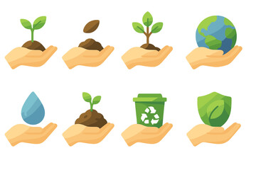 Eco Hand Icons. Sustainability & Growth set of icons in gradient flat : eco hand with seed, eco hand with soil, eco hand with tree planting, eco hand