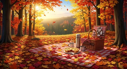 Autumn picnic in woods