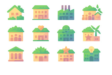Green Roof Icons. Event Green Roofs set of icons in gradient flat : residential green roof, commercial green roof, industrial green roof, school