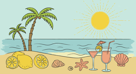 Obraz premium Tropical beach vacation illustration with palm trees, cocktails and summer vibes