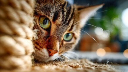 Close-up portrait of a gorgeous tabby cat with bright green eyes peeking around a scratching post indoors