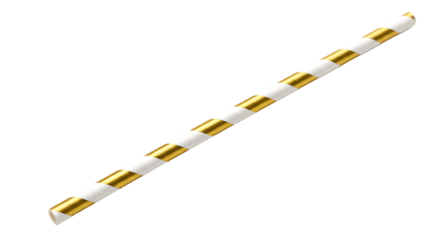 A single striped paper drinking straw with alternating gold and white segments isolated on transparent background