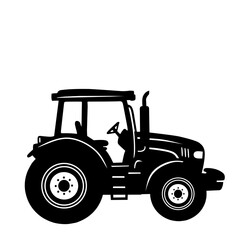 Black and white detailed tractor illustration in vector style. Farm vehicle with cabin, wheels, and exhaust pipe. Perfect for agriculture, farming, and machinery design