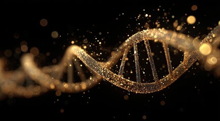 Golden DNA helix swirling in a dark field.  Particles of light dust surround it