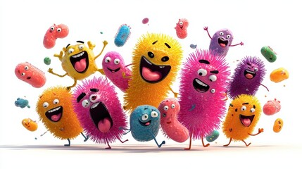 A whimsical depiction of a bacteria party, animated characters, joyful expressions, isolated on white background.